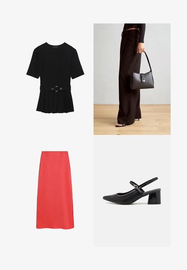 Top corto nero a maniche corte realizzato in materiale liscio, con design peplum e vita cintata adornata da due bottoni tondi in tono argento.; Gonna midi rossa con una texture liscia, caratterizzata da una leggera lucentezza e una silhouette a trapezio. Nessun motivo visibile o dettagli in metallo.; Décolleté in vernice nera con cinturino dietro, punta affusolata, design con ritagli arrotondati e tacco a blocco. Presenta un accento di fibbia tono oro.; Borsa nera con forma strutturata, texture liscia e una chiusura metallica. Abbinata a pantaloni neri larghi e sandali open-toe su un pavimento in legno.