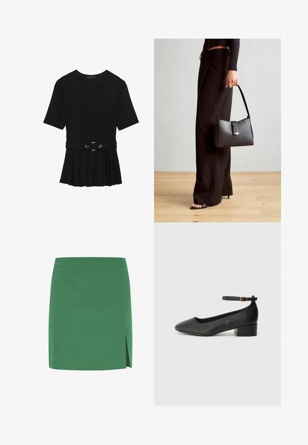 Črn kratek rokav srajca iz gladkega materiala, z obliko pepluma in pasom s pasom ter dvema okroglega srebrno-toniranima gumboma.; Zelena mini krilna z gladko teksturo, s straight rezom in stranskim razporkom za dodaten detajl. Preprost, neokrašen dizajn.; Črne usnjene pumpice z nazobčanimi prsti in nizko blokasto peto. Imajo trak okoli gležnja z zaponko v zlatem tonu. Gladka tekstura.; Črna torbica z strukturirano obliko, gladko teksturo in kovinskim zaponko. Ujemajo se z širokimi črnimi hlačami in odprtimi sandali na lesenem tleh.