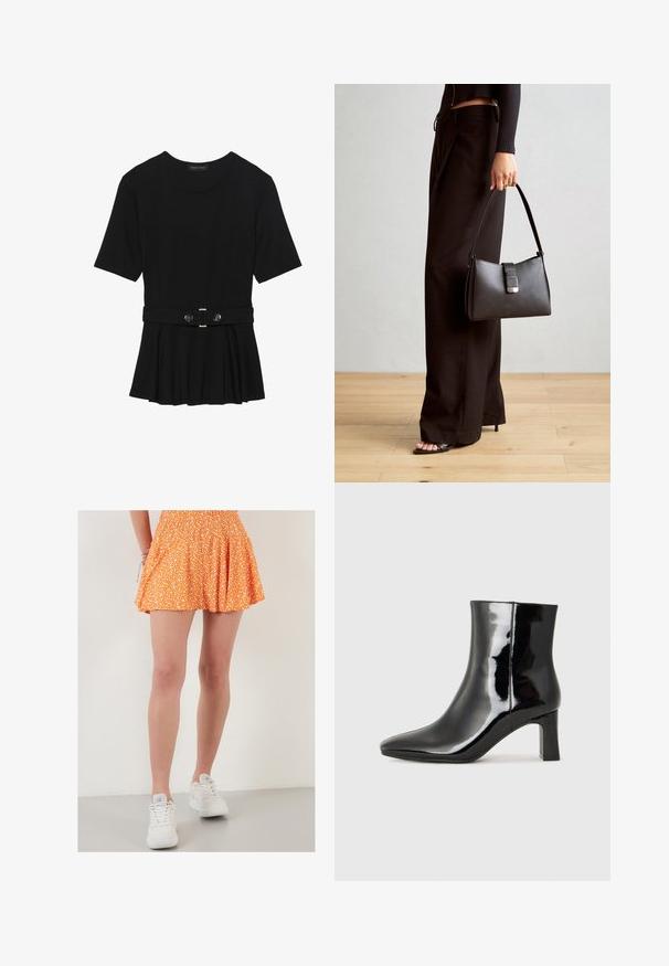 Čierny krátky rukáv top vyrobený z hladkého materiálu, so strihom peplum a opaskom v páse so syntetickými guľatými striebornými gombíkmi.; Oranžová kvetinová sukňa so zúženým pásom, plisé dizajn, dĺžka po kolená, v kombinácii s bielymi teniskami. Elegantná textúrovaná látka a hravý vzor.; Čierne lakované členkové topánky s špicatou špičkou a stredne vysokým blokovým podpätkom. Hladká textúra a minimalistický dizajn.; Čierna kabelka so štruktúrovaným tvarom, hladkou textúrou a kovovou sponou. V kombinácii so širokými čiernymi nohavicami a sandálmi s otvorenou špičkou na drevenej podlahe.