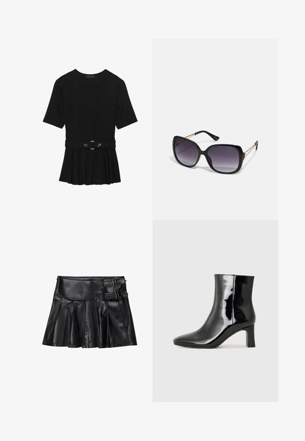Haut noir à manches courtes fabriqué en matériau lisse, avec un design peplum et une taille ceinturée ornée de deux boutons ronds en métal argenté.; Jupe en cuir noir avec des plis, taille large et deux accents à boucle sur le côté. Texture lisse avec une finition brillante.; Bottines en cuir verni noir avec un bout pointu et un talon block de hauteur moyenne. Texture lisse et design minimaliste.; Lunettes de soleil noires surdimensionnées avec des verres dégradés, monture épaisse et détails en chaîne dorée sur les branches.