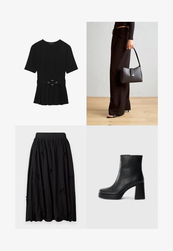 Melnas īsām piedurknēm topiņš, izgatavots no gludas materiāla, ar pepluma dizainu un jostu ar divām apaļām sudraba krāsas pogām.; Melnā svārku izgatavota no mīkstas auduma, ar krējuma jostu, ceļa garuma dizainu un mazām šķēlēm ar pērlītēm intervālos.; Melna ādas potīšu zābaku ar bloku papēdi un platformas zoli, skatīts no sāna uz vienkārša balta fona.; Melnā somiņa ar strukturētu formu, gludu tekstūru un metālu sprādzi. Saskaņota ar platām melnām biksēm un sandālēm ar atvērtu purngalu uz koka grīdas.