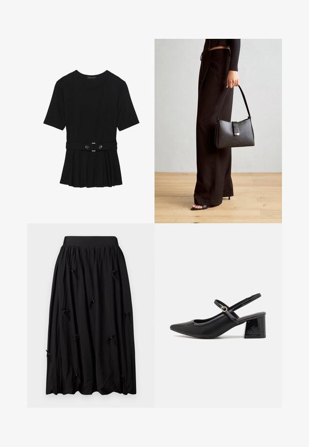 Black short-sleeve top made of smooth material, featuring a peplum design and a belted waist with two round, silver-tone buttons.; Black skirt made of soft fabric, featuring a gathered waistband, knee-length design, and small bows with beads at intervals.; Black patent leather slingback heels with a pointed toe, a rounded cutout design, and a block heel. Features a gold-tone buckle accent.; Black handbag with structured shape, smooth texture, and a metallic clasp. Paired with wide black pants and open-toe sandals on wooden floor.