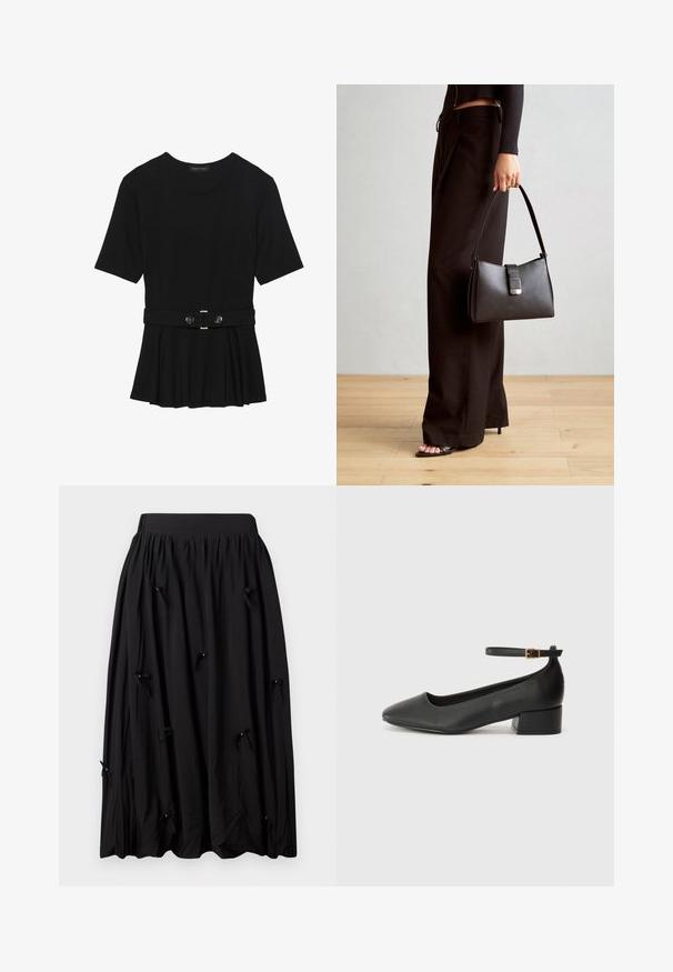 Svart kortermet topp laget av glatt materiale, med en peplum-design og en belted midje med to runde knapper i sølvfarge.; Sorte skjørt laget av mykt stoff, med en rynket midje, kne-lengde design, og små sløyfer med perler med jevne mellomrom.; Sorte skinnpumper med spiss tå og lav blokkhelt. Har ankelrem med gullfarget spenne. Glatt tekstur.; Svart håndveske med strukturert form, jevn tekstur og metallisk lås. Kombinert med brede svarte bukser og sandaler med åpen tå på tregulv.