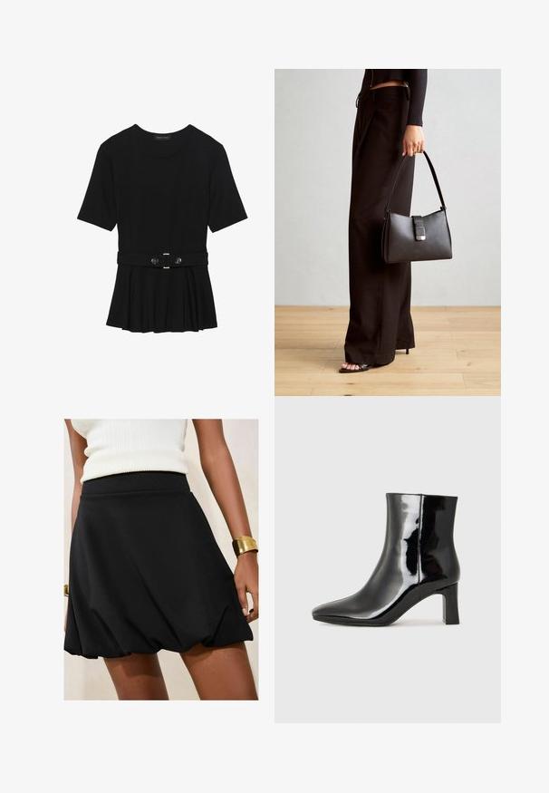 Čierny krátky rukáv top vyrobený z hladkého materiálu, so strihom peplum a opaskom v páse so syntetickými guľatými striebornými gombíkmi.; Čierna áčková sukňa so zberaným lemom, vyrobená zo hladkej tkaniny. Nosená s krémovým topom a zlatým náramkom na zápästí.; Čierne lakované členkové topánky s špicatou špičkou a stredne vysokým blokovým podpätkom. Hladká textúra a minimalistický dizajn.; Čierna kabelka so štruktúrovaným tvarom, hladkou textúrou a kovovou sponou. V kombinácii so širokými čiernymi nohavicami a sandálmi s otvorenou špičkou na drevenej podlahe.