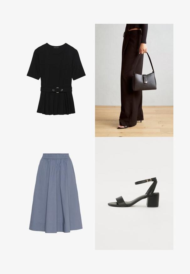 Top corto nero a maniche corte realizzato in materiale liscio, con design peplum e vita cintata adornata da due bottoni tondi in tono argento.; Una gonna di cotone azzurro chiaro lunga fino al ginocchio con una vita elastica, caratterizzata da un design arricciato e una texture liscia per il comfort.; Sandalo nero con tacco alto, caratterizzato da una tomaia in pelle liscia, punta aperta, ampie fasce frontali e cinturino a caviglia regolabile con un dettaglio in fibbia dorata.; Borsa nera con forma strutturata, texture liscia e una chiusura metallica. Abbinata a pantaloni neri larghi e sandali open-toe su un pavimento in legno.