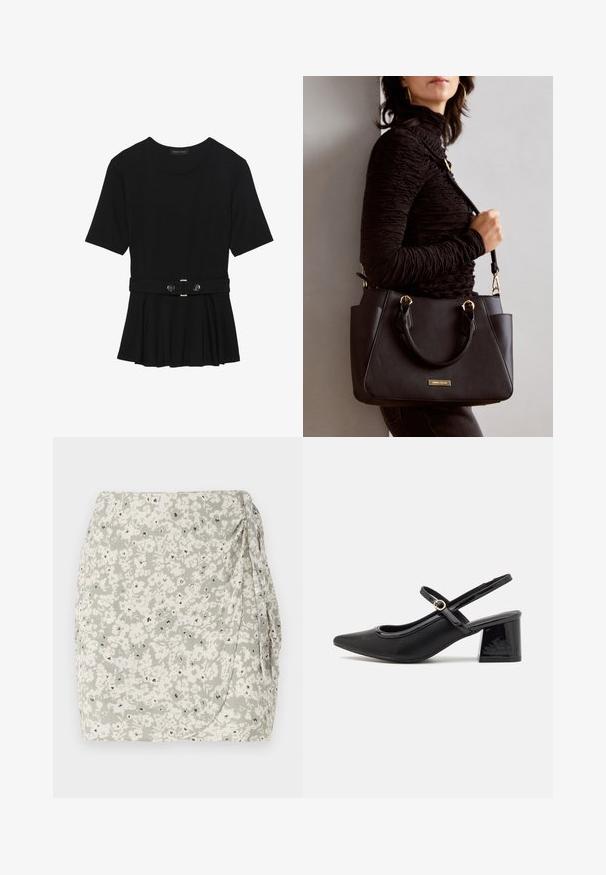 Top preto de mangas curtas, feito de material suave, com design peplum e uma cintura cinto com dois botões redondos em tom prateado.; Saia mini floral em verde claro e creme, com um lado franzido e detalhes em preto. Tecido suave e texturizado com um design tipo envoltório.; Sabrinas de cerâmica preta com salto bloco, bico apontado e um design com recortes arredondados. Apresenta um detalhe em fivela de tom dourado.; Bolsa preta com superfície texturizada, alças superiores duplas e alça de ombro ajustável. Apresenta ferragens em tom dourado e bolsos laterais.