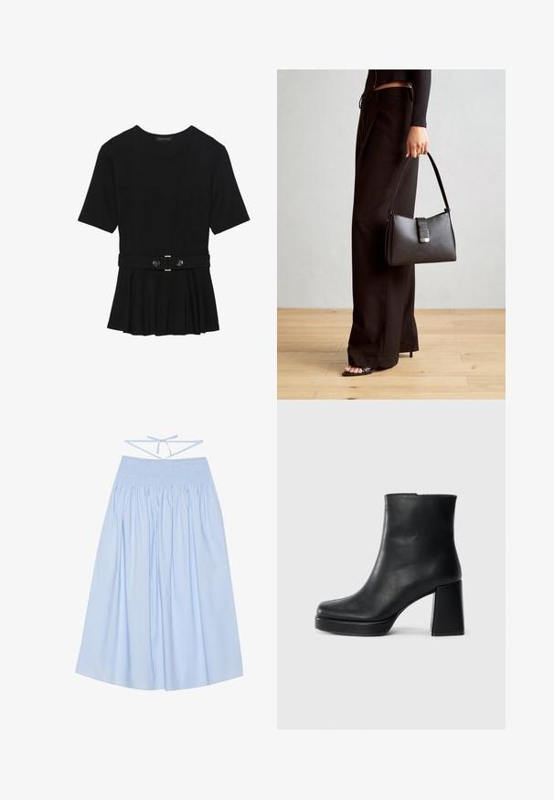 Melnas īsām piedurknēm topiņš, izgatavots no gludas materiāla, ar pepluma dizainu un jostu ar divām apaļām sudraba krāsas pogām.; Gaiši zila kokvilnas svārki ar gumiju viduklī, plūstoša silueta, plašas krokas un plānas saites aizmugurē, lai pielāgotu izmēru.; Melna ādas potīšu zābaku ar bloku papēdi un platformas zoli, skatīts no sāna uz vienkārša balta fona.; Melnā somiņa ar strukturētu formu, gludu tekstūru un metālu sprādzi. Saskaņota ar platām melnām biksēm un sandālēm ar atvērtu purngalu uz koka grīdas.