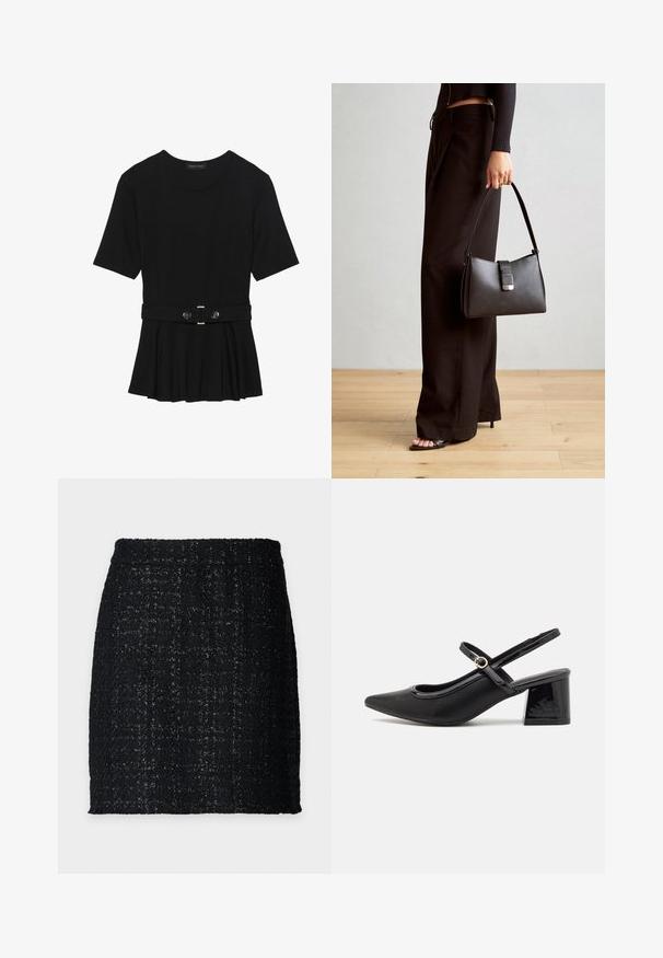 Top preto de mangas curtas, feito de material suave, com design peplum e uma cintura cinto com dois botões redondos em tom prateado.; Rue de Femme JOLENE SKIRT  - Minissaia - black; Sabrinas de cerâmica preta com salto bloco, bico apontado e um design com recortes arredondados. Apresenta um detalhe em fivela de tom dourado.; Bolsa preta com forma estruturada, textura suave e um fecho metálico. Combinada com calças largas pretas e sandálias de salto aberto sobre um chão de madeira.