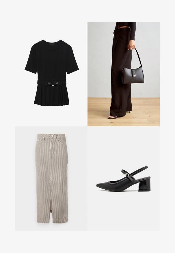Haut noir à manches courtes fabriqué en matériau lisse, avec un design peplum et une taille ceinturée ornée de deux boutons ronds en métal argenté.; Jupe midi rayée en beige clair et marron foncé, fabriquée en coton, avec une fente sur le devant et des passants de ceinture. Design classique et coupe ajustée.; Escarpins slingback en cuir verni noir avec un embout pointu, un design à découpes arrondies et un talon carré. Présente un accent de boucle en ton doré.; Sac à main noir à la forme structurée, texture lisse et fermoir métallique. Associé à un pantalon noir ample et des sandales ouvertes sur un sol en bois.