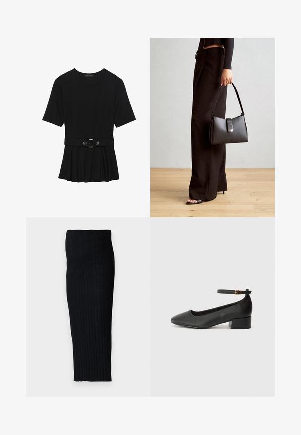 Črn kratek rokav srajca iz gladkega materiala, z obliko pepluma in pasom s pasom ter dvema okroglega srebrno-toniranima gumboma.; Črna rebrasta midi krila z oprijetim silhueto, ki ima vertikalne črte za teksturo. Narejeno iz raztegljive tkanine za udobje.; Črne usnjene pumpice z nazobčanimi prsti in nizko blokasto peto. Imajo trak okoli gležnja z zaponko v zlatem tonu. Gladka tekstura.; Črna torbica z strukturirano obliko, gladko teksturo in kovinskim zaponko. Ujemajo se z širokimi črnimi hlačami in odprtimi sandali na lesenem tleh.