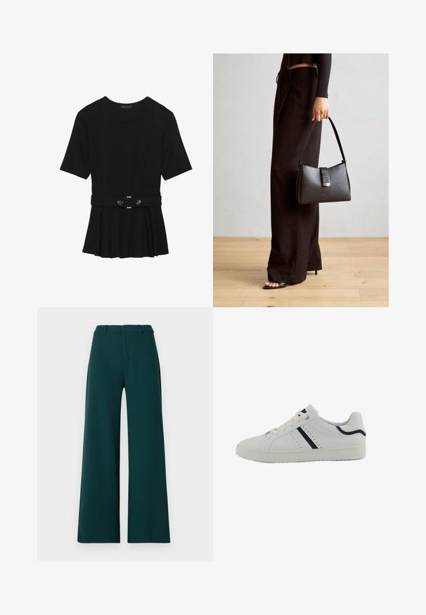 Juodas trumpomis rankovėmis viršus, pagamintas iš lygaus audinio, su peplum dizainu ir su diržu juosmenyje, papuoštas dviem apvaliomis sidabro spalvos mygtukais.; Tamsiai žaliais audiniais plačių kojų kelnės. Ypatybės: aukšta juosmens linija, priekiniai raukšlės ir diržo kilpos. Lygus audinys ir pritaikyta fasono.; Balti sintetiniai sportbačiai su žemu profiliu, su tamsiai mėlynomis įstrižinėmis juostelėmis, perforuotomis šoninėmis dalimis ir tekstūruotu guminiu padu.; Juodas rankinė struktūrizuota forma, lygi tekstūra ir metalinis užsegimas. Suporuota su plačiomis juodomis kelnėmis ir atvirais bateliais ant medinių grindų.