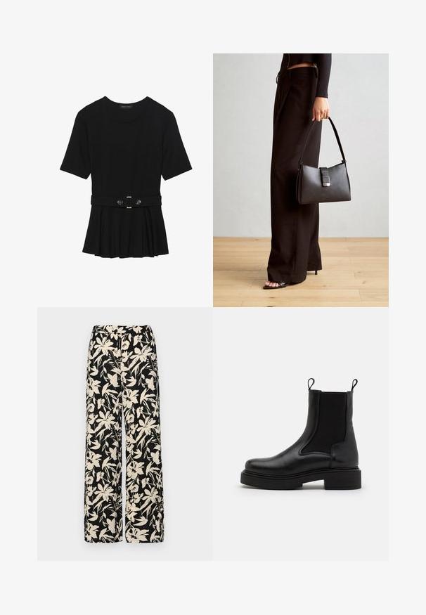 Černé krátké tričko vyrobené z hladkého materiálu, s peplum designem a opaskem v pase, ozdobené dvěma kulatými, stříbrnými knoflíky.; Černé kalhoty s širokými nohavicemi a krémovým květinovým vzorem. Vyrobené z lehké tkaniny, s hladkým povrchem a vysokým pasem.; Černé kožené kotníkové boty s elastickými bočními panely a smyčkami pro snadné obutí, se silnou černou podrážkou a hladkým povrchem.; Černá kabelka se strukturovaným tvarem, hladkým povrchem a kovovým uzávěrem. Kombinována s širokými černými kalhotami a sandály s otevřenou špičkou na dřevěné podlaze.