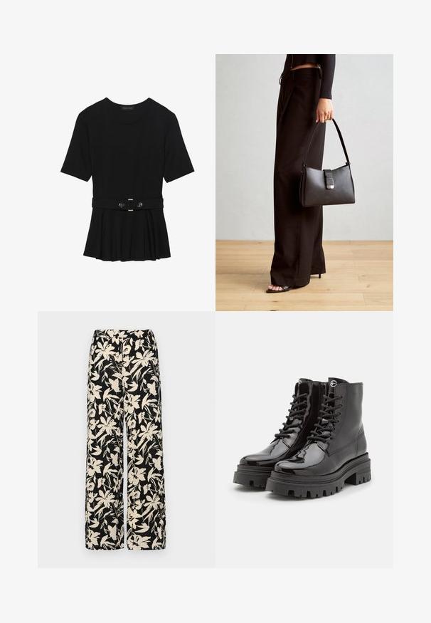 Top negru cu mâneci scurte, realizat dintr-un material neted, cu un design peplum și o talie beltată cu două butoane rotunde de culoare argintie.; Pantaloni negri cu croi larg, decorati cu un model floral crem. Fabricati dintr-un material usor, avand o textura neteda si un talie inalta.; Botine negre din piele lăcuită, cu șirete în față, talpă groasă neagră și fermoar pe lateral. Prezintă o textură netedă și lucioasă, cu vârf rotund.; Genți negre cu o formă structurată, textură netedă și un închizător metalic. Asortată cu pantaloni negri largi și sandale cu vârf deschis pe un podea din lemn.