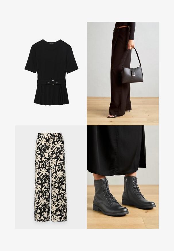 Top negro de manga corta fabricado en un material suave, con un diseño de peplum y una cintura ceñida con un cinturón que incluye dos botones redondos en tono plateado.; Pantalones de pierna ancha negros con un patrón floral crema. Fabricados en un tejido ligero, con una textura suave y una cintura alta.; Botas de cuero negro hasta el tobillo con punta redonda, con cordones y una cremallera lateral, sobre un suelo de madera y una prenda negra.; Bolso negro con forma estructurada, textura suave y un cierre metálico. Combinado con pantalones anchos negros y sandalias de dedo en un suelo de madera.