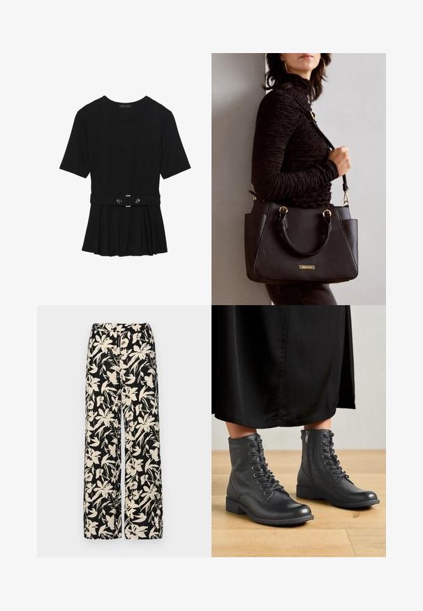 Czarna bluzka krótki rękaw wykonana z gładkiego materiału, z fasonem peplum i paskiem w talii z dwoma okrągłymi, srebrnymi guzikami.; Czarne spodnie wide-leg z kremowym kwiatowym wzorem. Wykonane z lekkiego materiału, o gładkiej teksturze i wysokim staniku.; Czarne skórzane botki za kostkę z okrągłym noskiem, z sznurówkami i suwakiem z boku, na tle drewnianej podłogi i czarnej odzieży.; Czarna torebka z teksturowanej powierzchni, podwójnymi uchwytami na górze i regulowanym paskiem na ramię. Posiada złote okucia i boczne kieszenie.