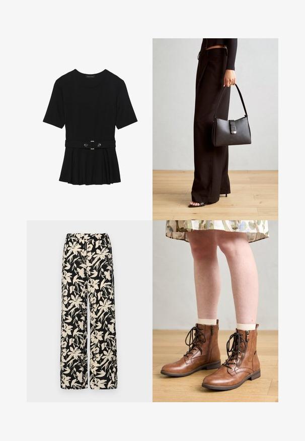 Musta lyhythihainen paita, joka on valmistettu sileästä materiaalista ja jossa on peplum-muotoilu sekä vyötäröllä vyö, jossa on kaksi pyöreää hopeanväristä nappia.; Mustat leveälahkeiset housut, joissa on kermaisen värinen kukkakuosi. Valmistettu kevyestä kankaasta, jossa on sileä pinta ja korkea vyötärö.; Ruske nahke čevlje do gležnjev z detajli vezalk in zadrge. Imajo okrogel nos in nizek pet, v kombinaciji s kremnim nogavicami in cvetlično krilo.; Musta käsilaukku, jossa on rakenteellinen muoto, sileä pinta ja metallinen solki. Yhdistetty leveisiin mustiin housuihin ja avonaiheisiin sandaaleihin puulattialla.