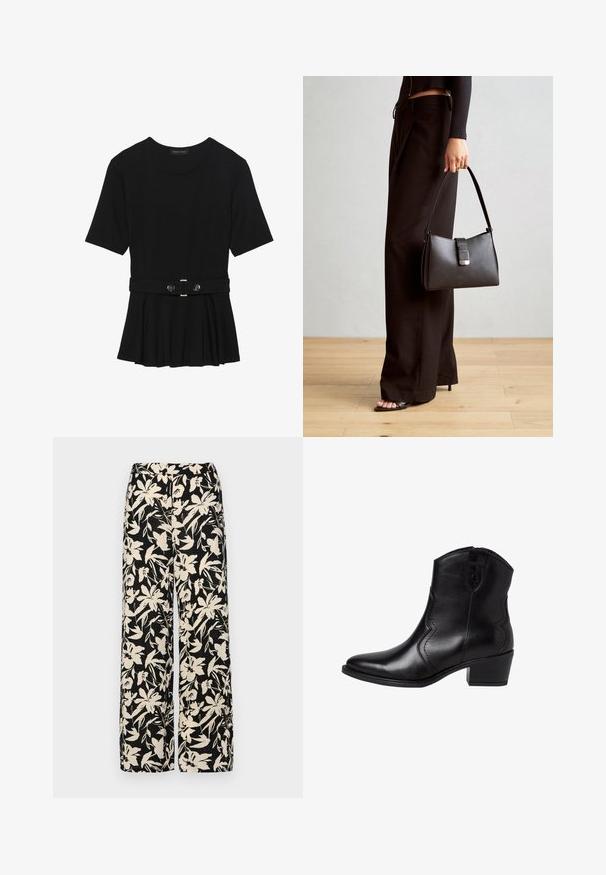 Top preto de mangas curtas, feito de material suave, com design peplum e uma cintura cinto com dois botões redondos em tom prateado.; Calças largas pretas com um padrão floral creme. Feitas de um tecido leve, apresentando uma textura suave e uma cintura alta.; Botas de tornozelo em couro preto com bico pontiagudo, costuras laterais curvas e um salto bloco baixo. Apresentam um fecho com zip e uma textura suave.; Bolsa preta com forma estruturada, textura suave e um fecho metálico. Combinada com calças largas pretas e sandálias de salto aberto sobre um chão de madeira.