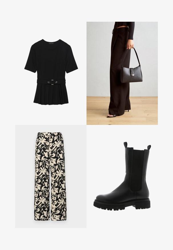 Czarna bluzka krótki rękaw wykonana z gładkiego materiału, z fasonem peplum i paskiem w talii z dwoma okrągłymi, srebrnymi guzikami.; Czarne spodnie wide-leg z kremowym kwiatowym wzorem. Wykonane z lekkiego materiału, o gładkiej teksturze i wysokim staniku.; Czarny skórzany botek za kostkę o eleganckim designie, z elastycznymi bokami, pętlami do zakładania oraz masywną gumową podeszwą z ząbkowanym wzorem.; Czarna torebka o usztywnionym kształcie, gładkiej fakturze i metalowym zapięciem. Połączona z szerokimi czarnymi spodniami i sandałami na otwartym palcu na drewnianej podłodze.
