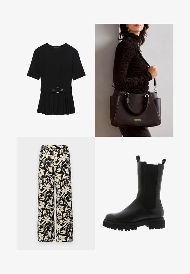 Musta lyhythihainen paita, joka on valmistettu sileästä materiaalista ja jossa on peplum-muotoilu sekä vyötäröllä vyö, jossa on kaksi pyöreää hopeanväristä nappia.; Mustat leveälahkeiset housut, joissa on kermaisen värinen kukkakuosi. Valmistettu kevyestä kankaasta, jossa on sileä pinta ja korkea vyötärö.; Musta nahkasaapas nilkkakorkeudella, jossa on tyylikäs muotoilu, joustavat sivupaneelit, vetonauhat ja paksu kumipohja, jossa on sahalaitakuviot.; Musta käsilaukku, jossa on teksturoitu pinta, kaksi yläkantta ja säädettävä olkahihna. Varustettu kultasävyisillä varusteilla ja sivutaskuilla.