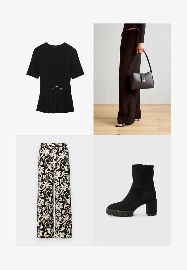 Top negro de manga corta fabricado en un material suave, con un diseño de peplum y una cintura ceñida con un cinturón que incluye dos botones redondos en tono plateado.; Pantalones de pierna ancha negros con un patrón floral crema. Fabricados en un tejido ligero, con una textura suave y una cintura alta.; Botas de tobillo negras de ante con punta cuadrada, tacón grueso y suela de goma texturizada con acentos en zigzag. Acabado suave.; Bolso negro con forma estructurada, textura suave y un cierre metálico. Combinado con pantalones anchos negros y sandalias de dedo en un suelo de madera.