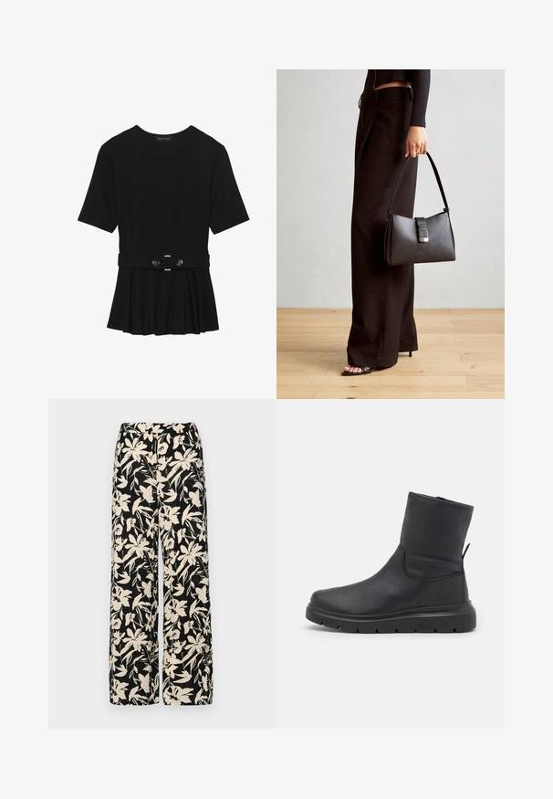 Czarna bluzka krótki rękaw wykonana z gładkiego materiału, z fasonem peplum i paskiem w talii z dwoma okrągłymi, srebrnymi guzikami.; Czarne spodnie wide-leg z kremowym kwiatowym wzorem. Wykonane z lekkiego materiału, o gładkiej teksturze i wysokim staniku.; Czarne skórzane botki za kostkę o matowym wykończeniu, zaokrąglonym nosku i masywnej gumowej podeszwie. Posiadają dyskretną pętelkę z tyłu.; Czarna torebka o usztywnionym kształcie, gładkiej fakturze i metalowym zapięciem. Połączona z szerokimi czarnymi spodniami i sandałami na otwartym palcu na drewnianej podłodze.