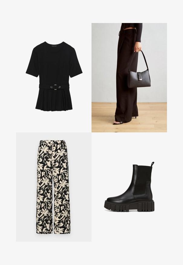 Černé krátké tričko vyrobené z hladkého materiálu, s peplum designem a opaskem v pase, ozdobené dvěma kulatými, stříbrnými knoflíky.; Černé kalhoty s širokými nohavicemi a krémovým květinovým vzorem. Vyrobené z lehké tkaniny, s hladkým povrchem a vysokým pasem.; Černé kožené kotníkové boty s masivní platformou a elastickými postranními panely pro snadné obouvání. Jemné logo na boku.; Černá kabelka se strukturovaným tvarem, hladkým povrchem a kovovým uzávěrem. Kombinována s širokými černými kalhotami a sandály s otevřenou špičkou na dřevěné podlaze.