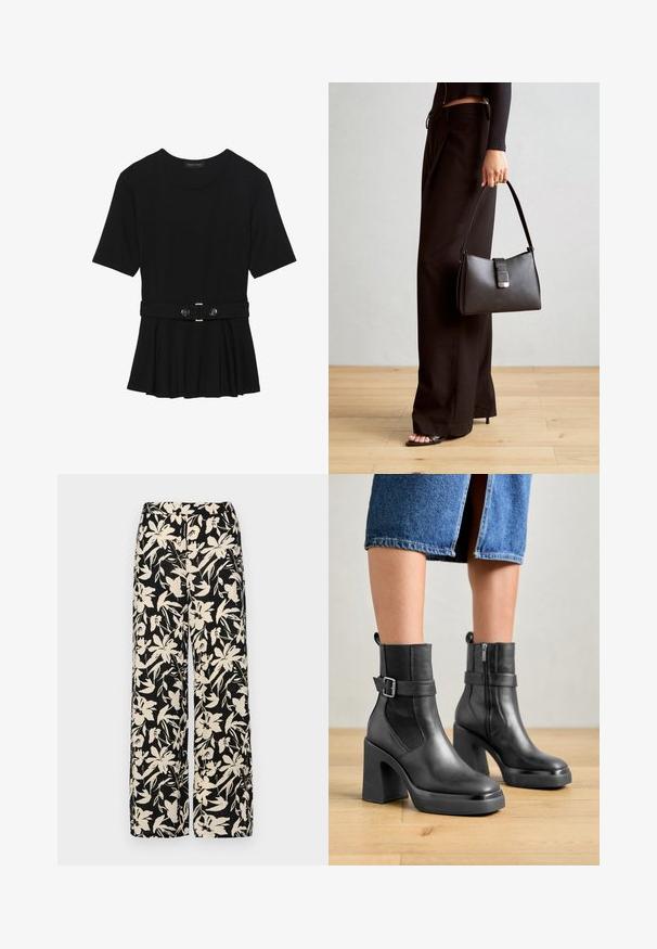 Top corto nero a maniche corte realizzato in materiale liscio, con design peplum e vita cintata adornata da due bottoni tondi in tono argento.; Pantaloni larghi neri con un motivo floreale crema. Realizzati in tessuto leggero, con una texture liscia e una vita alta.; Stivaletti neri in pelle con tacco a blocco alto, pannelli laterali elasticizzati e una fibbia decorativa. Texture liscia con un design elegante.; Borsa nera con forma strutturata, texture liscia e una chiusura metallica. Abbinata a pantaloni neri larghi e sandali open-toe su un pavimento in legno.