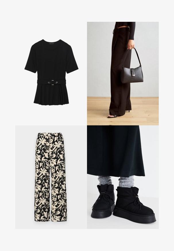 Czarna bluzka krótki rękaw wykonana z gładkiego materiału, z fasonem peplum i paskiem w talii z dwoma okrągłymi, srebrnymi guzikami.; Czarne spodnie wide-leg z kremowym kwiatowym wzorem. Wykonane z lekkiego materiału, o gładkiej teksturze i wysokim staniku.; Czarne, puszyste botki za kostkę z płaską podeszwą, sznurowane, z wyraźnymi przeszyciami. Połączone z szarymi, prążkowanymi skarpetkami, które lekko wystają, noszone z ciemną spódnicą.; Czarna torebka o usztywnionym kształcie, gładkiej fakturze i metalowym zapięciem. Połączona z szerokimi czarnymi spodniami i sandałami na otwartym palcu na drewnianej podłodze.