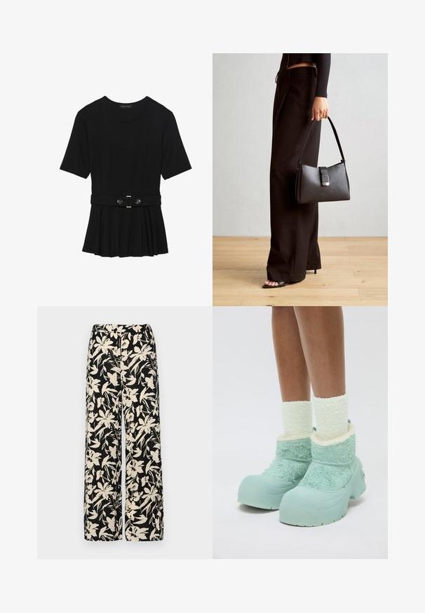 Fekete, rövid ujjú felső sima anyagból, peplum fazonnal és övvel a deréknál, két kerek, ezüst árnyalatú gombbal.; Fekete, bő szárú nadrág krém színű virágmintával. Könnyű anyagból készült, sima tapintású és magas derékrésszel rendelkezik.; Vastag fehér, bolyhos zoknikat és tömör világoskék téli csizmát viselő lábak texturált anyaggal és gumitalppal, fehér háttér előtt.; Fekete kézi táska strukturált formával, sima textúrával és fémből készült záródással. Széles fekete nadrággal és nyitott orrú szandállal párosítva, fából készült padlón.