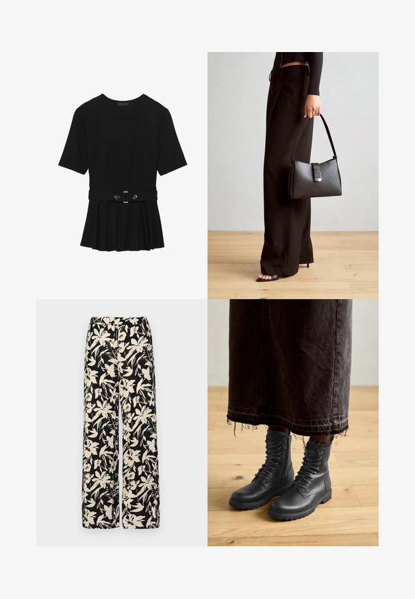 Melnas īsām piedurknēm topiņš, izgatavots no gludas materiāla, ar pepluma dizainu un jostu ar divām apaļām sudraba krāsas pogām.; Melni platie bikses ar krēmkrāsas ziedu rakstu. Izgatavotas no viegla auduma, kuram ir gluda tekstūra un augsta jostasvietas daļa.; Melna ādas šņorējama apavi ar teksturētu virsmu, vidēja augstuma līdz kāju vidum, noapaļota purngala un izturīga zole, saskaņoti ar tumšu, saplēstu džinsa svārku.; Melnā somiņa ar strukturētu formu, gludu tekstūru un metālu sprādzi. Saskaņota ar platām melnām biksēm un sandālēm ar atvērtu purngalu uz koka grīdas.