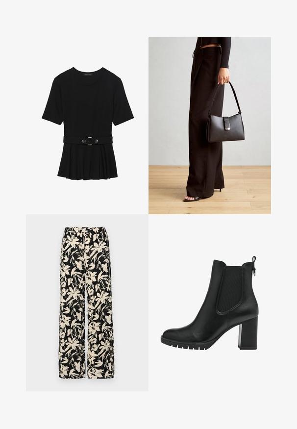 Černé krátké tričko vyrobené z hladkého materiálu, s peplum designem a opaskem v pase, ozdobené dvěma kulatými, stříbrnými knoflíky.; Černé kalhoty s širokými nohavicemi a krémovým květinovým vzorem. Vyrobené z lehké tkaniny, s hladkým povrchem a vysokým pasem.; Tamaris CHELSEA - Kotníkové boty na platformě - black; Černá kabelka se strukturovaným tvarem, hladkým povrchem a kovovým uzávěrem. Kombinována s širokými černými kalhotami a sandály s otevřenou špičkou na dřevěné podlaze.