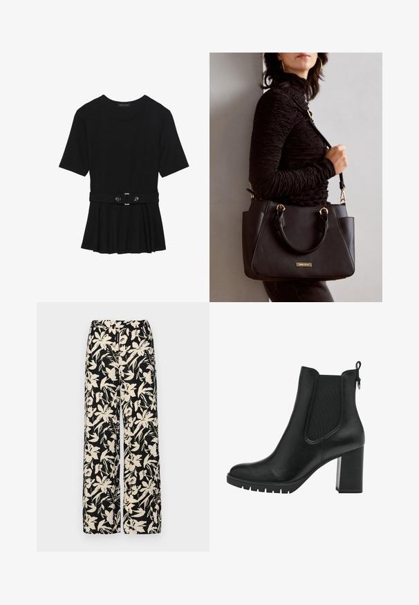 Črn kratek rokav srajca iz gladkega materiala, z obliko pepluma in pasom s pasom ter dvema okroglega srebrno-toniranima gumboma.; Črne široke hlače z kremnim cvetličnim vzorcem. Narejene so iz lahkega blaga, ki ima gladko teksturo in visok pas.; Tamaris CHELSEA - Gležnjarji s platformo - black; Črna torbica z teksturirano površino, z dvema zgornjima ročajema in nastavljivim ramenskim pasom. Ima zlatovrateče dodatke in stranske žepe.