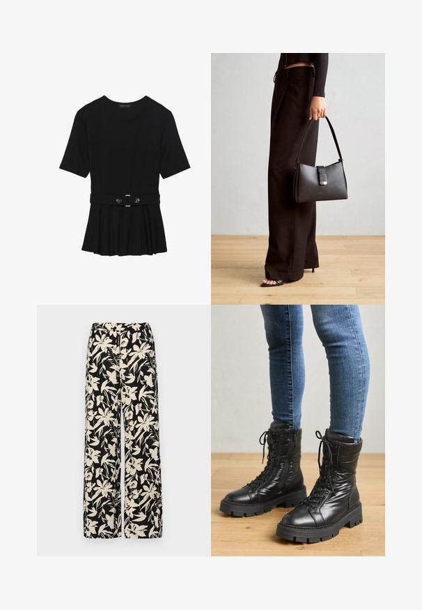 Černé krátké tričko vyrobené z hladkého materiálu, s peplum designem a opaskem v pase, ozdobené dvěma kulatými, stříbrnými knoflíky.; Černé kalhoty s širokými nohavicemi a krémovým květinovým vzorem. Vyrobené z lehké tkaniny, s hladkým povrchem a vysokým pasem.; Černé vojenské boty do poloviny lýtek vyrobené z hladké kůže s tkaničkami, polstrovanými boky a silnou, robustní podrážkou. Navrženy se strukturovaným tvarem.; Černá kabelka se strukturovaným tvarem, hladkým povrchem a kovovým uzávěrem. Kombinována s širokými černými kalhotami a sandály s otevřenou špičkou na dřevěné podlaze.