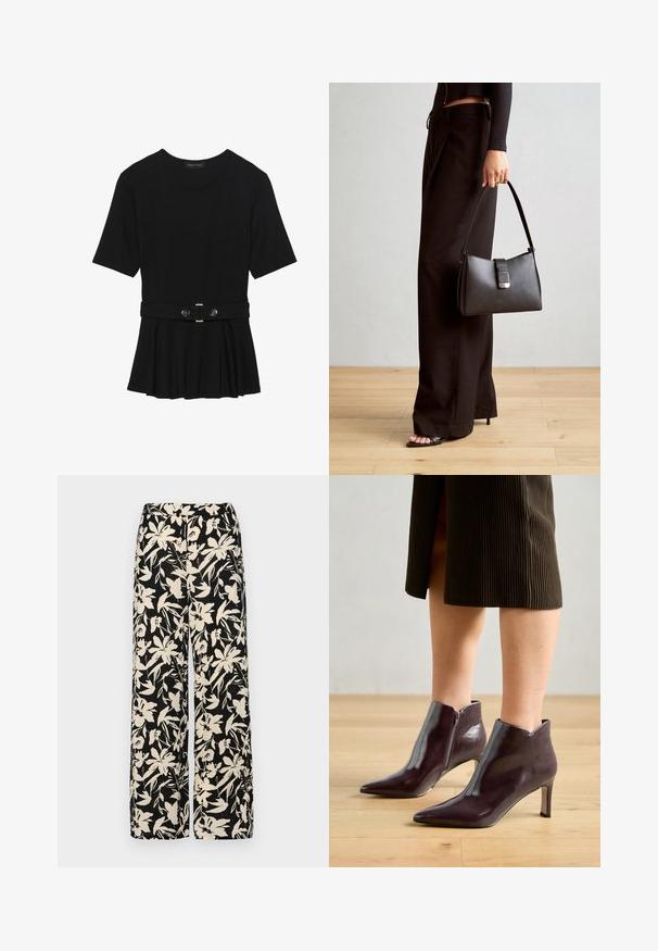 Črn kratek rokav srajca iz gladkega materiala, z obliko pepluma in pasom s pasom ter dvema okroglega srebrno-toniranima gumboma.; Črne široke hlače z kremnim cvetličnim vzorcem. Narejene so iz lahkega blaga, ki ima gladko teksturo in visok pas.; Bordo usnjeni gležnjarji s koničastim nosom in vitkim petam. Imajo stranski zadrgo in gladko, sijočo teksturo.; Črna torbica z strukturirano obliko, gladko teksturo in kovinskim zaponko. Ujemajo se z širokimi črnimi hlačami in odprtimi sandali na lesenem tleh.