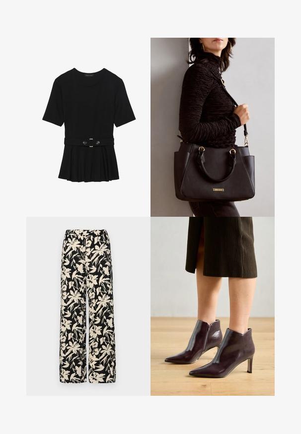 Schwarzes Kurzarmoberteil aus glattem Material, mit einem Peplum-Design und einem taillierten Bund, der mit zwei runden, silberfarbenen Knöpfen ausgestattet ist.; Schwarze weit geschnittene Hose mit einem cremefarbenen Blumenmuster. Hergestellt aus leichtem Stoff, mit einer glatten Textur und einem hohen Bund.; Burgunderfarbene Leder-Stiefeletten mit spitzem Zeh und schmalem Absatz. Mit seitlichem Reißverschluss und glatter, glänzender Textur.; Schwarze Handtasche mit strukturierten Oberflächen, doppelten Obergriffen und verstellbarem Schultergurt. Mit goldfarbener Hardware und Seitentaschen.