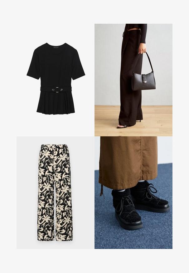 Top negru cu mâneci scurte, realizat dintr-un material neted, cu un design peplum și o talie beltată cu două butoane rotunde de culoare argintie.; Pantaloni negri cu croi larg, decorati cu un model floral crem. Fabricati dintr-un material usor, avand o textura neteda si un talie inalta.; Adidași negri pufoși cu talpă platformă, prezentând șireturi, textură moale și vârf rotund. Asortați cu un material fabricat de culoare maro dedesubt.; Genți negre cu o formă structurată, textură netedă și un închizător metalic. Asortată cu pantaloni negri largi și sandale cu vârf deschis pe un podea din lemn.