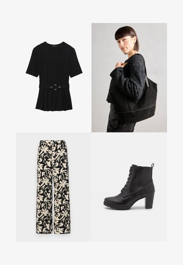 Černé krátké tričko vyrobené z hladkého materiálu, s peplum designem a opaskem v pase, ozdobené dvěma kulatými, stříbrnými knoflíky.; Černé kalhoty s širokými nohavicemi a krémovým květinovým vzorem. Vyrobené z lehké tkaniny, s hladkým povrchem a vysokým pasem.; Černé kotníkové boty vyrobené z hladké kůže, s šněrovacím designem, masivním podpatkem a texturovanou podrážkou pro lepší přilnavost.; Černá semišová taška přes rameno s hladkým povrchem, strukturovaným tvarem a kontrastním prošíváním. Má dlouhé popruhy pro nošení přes rameno.