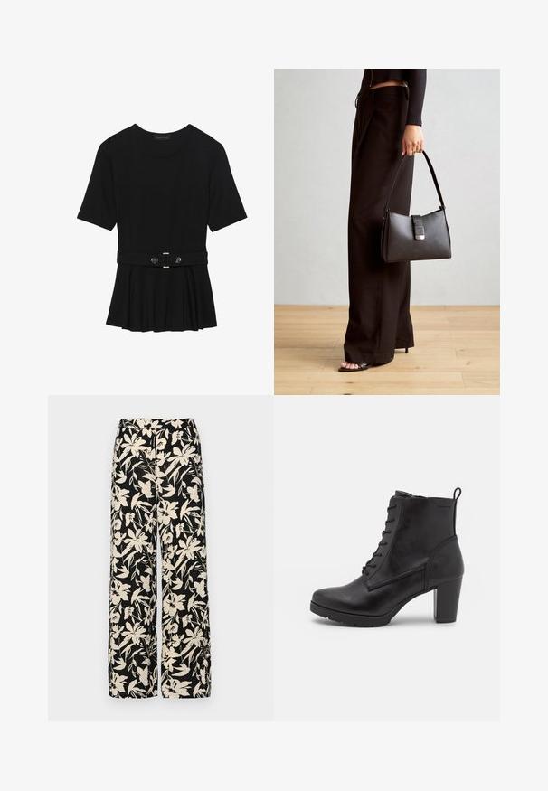 Must mustriga lühikeste varrukatega tipp, valmistatud siledast materjalist, millel on peplum-disain ja vöödiga talje, millel on kaks ümmargust, hõbedase tooni nuppu.; Mustad laiad püksid kreemja lillemustriga. Valmistatud kergest kangast, millel on sile tekstuur ja kõrge vöökoht.; Mustad nahast pahkluu saapad ümmarguse nina, lipsuv front, tugevda konts ja kontrastne põhi; omaduseks on õmblemise detail ja tõmbetab.; Must musta kott, millel on struktureeritud kuju, sile tekstuur ja metallist klamber. Kombineeritud laiate mustade pükstega ja avatud varvaste sandaalidega puidust põrandal.