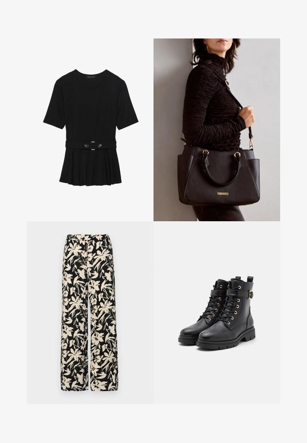 Fekete, rövid ujjú felső sima anyagból, peplum fazonnal és övvel a deréknál, két kerek, ezüst árnyalatú gombbal.; Fekete, bő szárú nadrág krém színű virágmintával. Könnyű anyagból készült, sima tapintású és magas derékrésszel rendelkezik.; Fekete bőr bokacsizma kerek orral, fűzős dizájnnal, arany lyukakkal, csat részlettel és vastag, struktúrált talppal.; Fekete kézitáska texturált felülettel, dupla felső fogantyúval és állítható vállpánttal. Arany színű fém kiegészítők és oldalsó zsebek találhatók rajta.