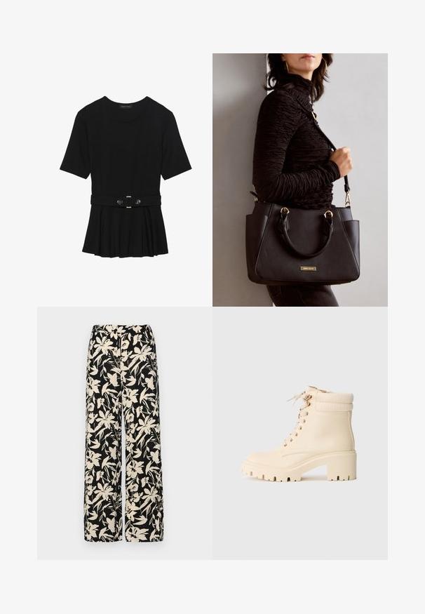 Czarna bluzka krótki rękaw wykonana z gładkiego materiału, z fasonem peplum i paskiem w talii z dwoma okrągłymi, srebrnymi guzikami.; Czarne spodnie wide-leg z kremowym kwiatowym wzorem. Wykonane z lekkiego materiału, o gładkiej teksturze i wysokim staniku.; Kremowe ankle boots wykonane z gładkiej skóry, z karbowanym mankietem, masywnym obcasem i sznurowanym przodem z złotymi oczkami.; Czarna torebka z teksturowanej powierzchni, podwójnymi uchwytami na górze i regulowanym paskiem na ramię. Posiada złote okucia i boczne kieszenie.