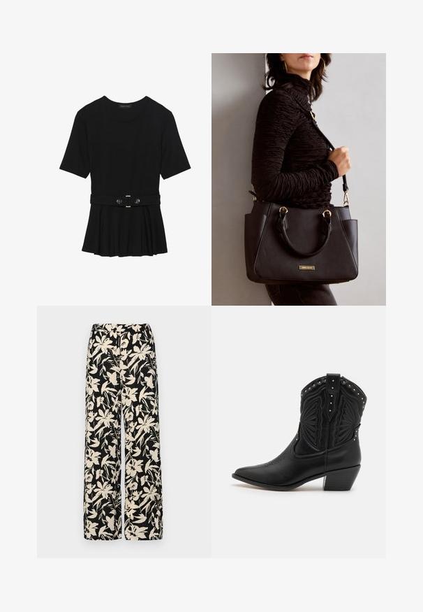 Black short-sleeve top made of smooth material, featuring a peplum design and a belted waist with two round, silver-tone buttons.; Black wide-leg pants with a cream floral pattern. Made of lightweight fabric, featuring a smooth texture and a high waistband.; Black leather cowboy boots featuring pointed toes, decorative stitching, and metal studs along the top. Stacked heel and textured finish.; Black handbag with textured surface, dual top handles, and adjustable shoulder strap. Features gold-tone hardware and side pockets.