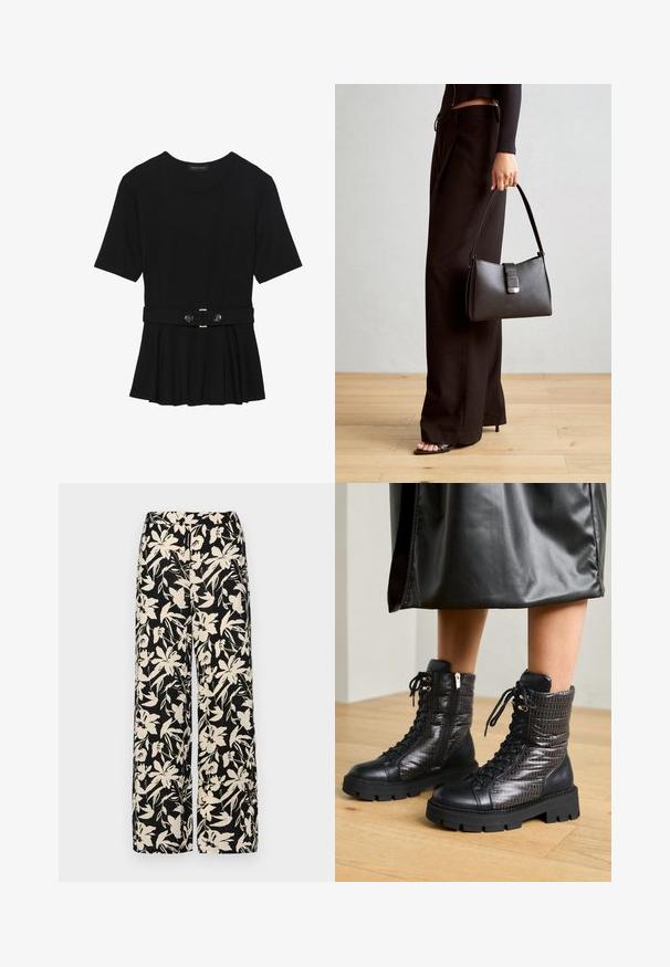 Musta lyhythihainen paita, joka on valmistettu sileästä materiaalista ja jossa on peplum-muotoilu sekä vyötäröllä vyö, jossa on kaksi pyöreää hopeanväristä nappia.; Mustat leveälahkeiset housut, joissa on kermaisen värinen kukkakuosi. Valmistettu kevyestä kankaasta, jossa on sileä pinta ja korkea vyötärö.; Mustaan nahkasaappaat nilkkamittaisilla, teksturoidulla tikkauksella varustetulla päällisellä, nauhakiristysdesignilla ja paksulla kumipohjalla, jossa on kuvioituja yksityiskohtia.; Musta käsilaukku, jossa on rakenteellinen muoto, sileä pinta ja metallinen solki. Yhdistetty leveisiin mustiin housuihin ja avonaiheisiin sandaaleihin puulattialla.