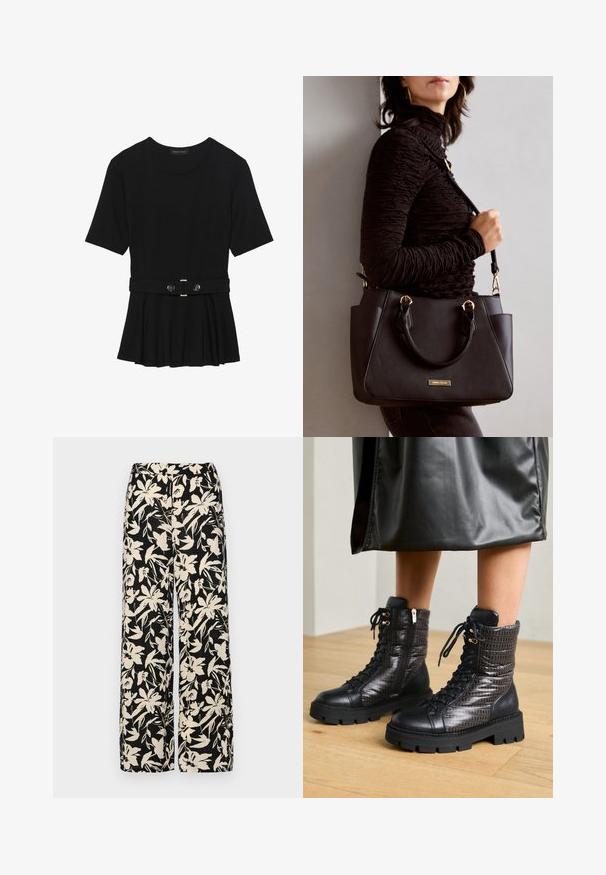 Schwarzes Kurzarmoberteil aus glattem Material, mit einem Peplum-Design und einem taillierten Bund, der mit zwei runden, silberfarbenen Knöpfen ausgestattet ist.; Schwarze weit geschnittene Hose mit einem cremefarbenen Blumenmuster. Hergestellt aus leichtem Stoff, mit einer glatten Textur und einem hohen Bund.; Schwarze Lederstiefeletten mit einem texturierten, gesteppte Oberschicht, Schnürdesign und einer massiven Gummisohle mit gemusterten Akzenten.; Schwarze Handtasche mit strukturierten Oberflächen, doppelten Obergriffen und verstellbarem Schultergurt. Mit goldfarbener Hardware und Seitentaschen.