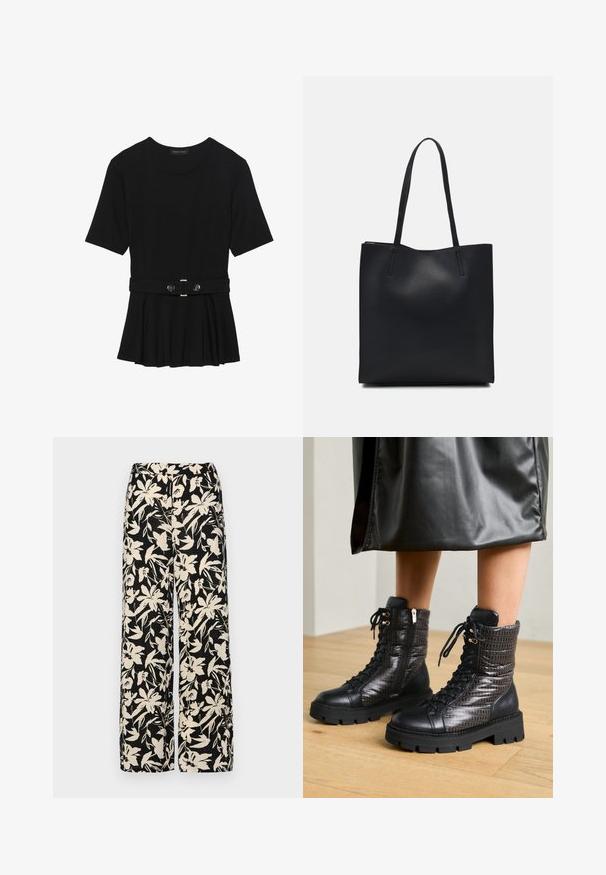 Zwart топ met korte mouwen van glad materiaal, voorzien van een peplum ontwerp en een riem in de taille met twee ronde, zilverkleurige knopen.; Zwarte wijde broek met een crèmekleurig bloemenpatroon. Gemaakt van lichtgewicht stof, met een zachte textuur en een hoge tailleband.; Zwarte leren enkellaarsjes met een gestructureerde, gewatteerde bovenkant, vetersluiting en een robuuste rubberen zool met opvallende accenten.; Zwarte leren handtas met een gladde textuur, rechthoekige vorm en twee lange handvaten. Geen zichtbare hardware of versieringen.
