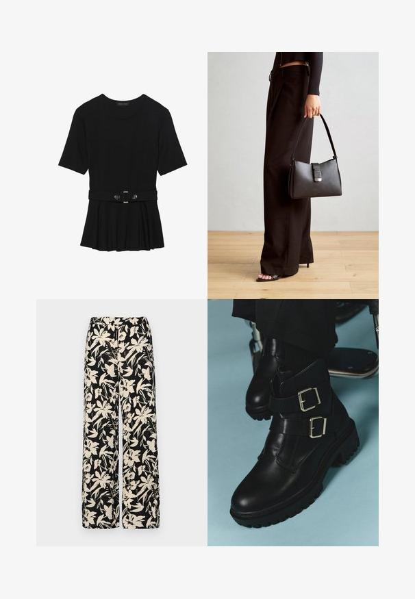 Črn kratek rokav srajca iz gladkega materiala, z obliko pepluma in pasom s pasom ter dvema okroglega srebrno-toniranima gumboma.; Črne široke hlače z kremnim cvetličnim vzorcem. Narejene so iz lahkega blaga, ki ima gladko teksturo in visok pas.; Črne usnjene škornje z debelim podplatom in s tremi srebrnimi zaponkami, oblečene z črnimi hlačami na svetlo modri podlagi.; Črna torbica z strukturirano obliko, gladko teksturo in kovinskim zaponko. Ujemajo se z širokimi črnimi hlačami in odprtimi sandali na lesenem tleh.