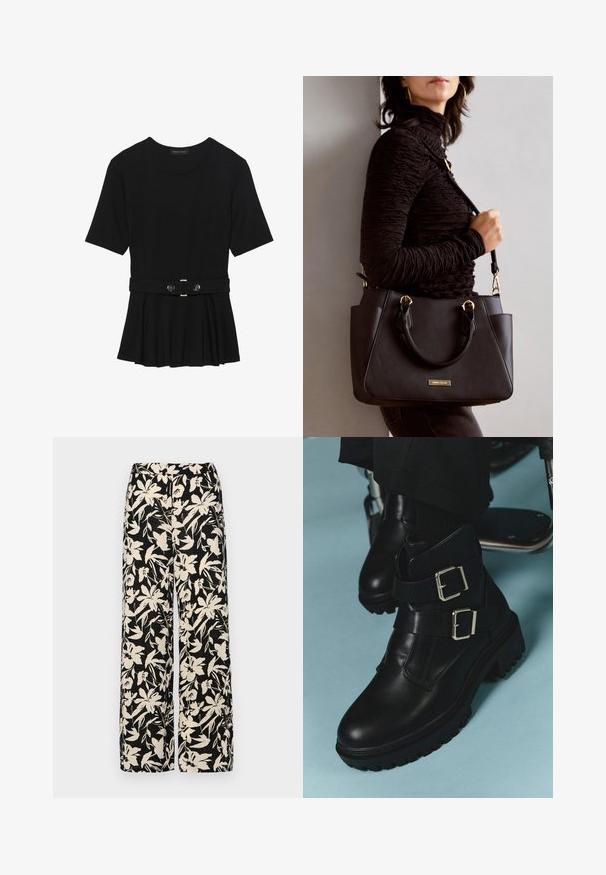 Top corto nero a maniche corte realizzato in materiale liscio, con design peplum e vita cintata adornata da due bottoni tondi in tono argento.; Pantaloni larghi neri con un motivo floreale crema. Realizzati in tessuto leggero, con una texture liscia e una vita alta.; Stivaletti neri in pelle con due fibbie regolabili, suola testurizzata e punta arrotondata. Progettati per durata e stabilità.; Borsa nera con superficie texturizzata, manici superiori doppi e tracolla regolabile. Dotata di hardware color oro e tasche laterali.
