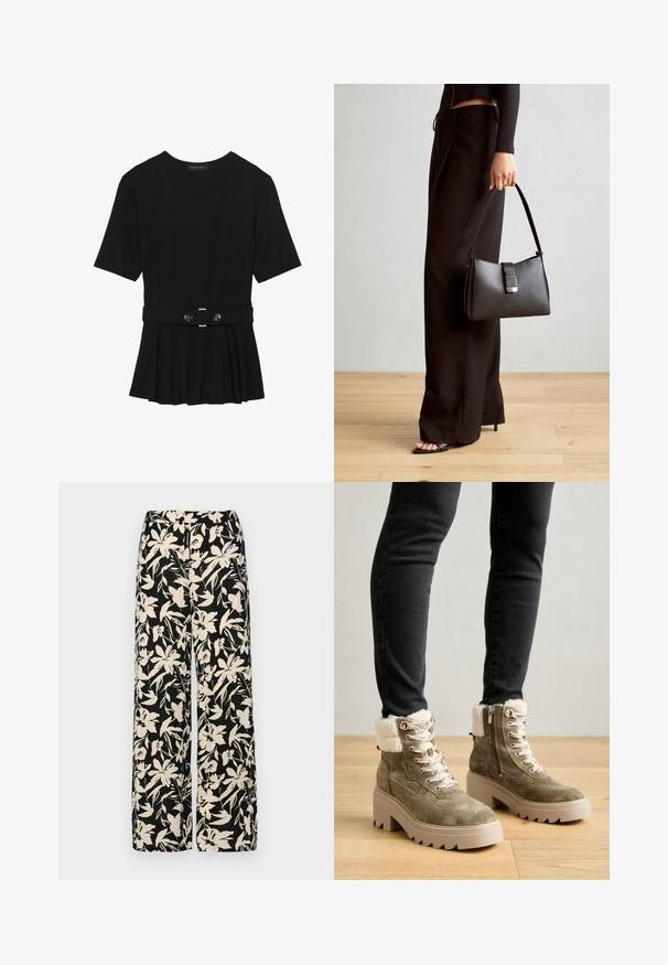 Haut noir à manches courtes fabriqué en matériau lisse, avec un design peplum et une taille ceinturée ornée de deux boutons ronds en métal argenté.; Pantalon large noir avec un motif floral crème. Fabriqué en tissu léger, il présente une texture lisse et une taille haute.; Bottines en daim vert olive avec garniture en fourrure synthétique, quincaillerie en argent et semelle plateforme beige chunky. Dispose de lacets et d'une fermeture éclair sur le côté.; Sac à main noir à la forme structurée, texture lisse et fermoir métallique. Associé à un pantalon noir ample et des sandales ouvertes sur un sol en bois.