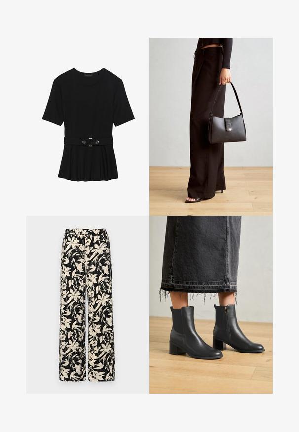 Musta lyhythihainen paita, joka on valmistettu sileästä materiaalista ja jossa on peplum-muotoilu sekä vyötäröllä vyö, jossa on kaksi pyöreää hopeanväristä nappia.; Mustat leveälahkeiset housut, joissa on kermaisen värinen kukkakuosi. Valmistettu kevyestä kankaasta, jossa on sileä pinta ja korkea vyötärö.; Musta nahkasaappaat nilkkamittaisilla varrella, joissa on pyöreä kärki ja tukevat korot. Varustettu sivuvetoketjulla ja sileällä pinnalla. Yhdistetty repeytyneeseen farkkahameeseen.; Musta käsilaukku, jossa on rakenteellinen muoto, sileä pinta ja metallinen solki. Yhdistetty leveisiin mustiin housuihin ja avonaiheisiin sandaaleihin puulattialla.