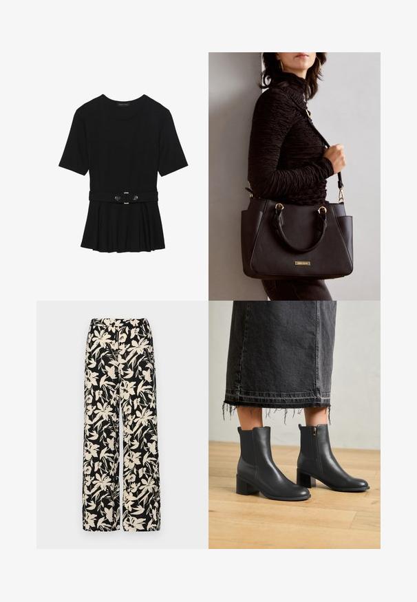 Crna majica kratkih rukava od glatkog materijala, s peplum dizajnom i pojasom s dva okrugla srebrna dugmeta.; Crne široke hlače s kremastim cvjetnim uzorkom. Izrađene od lagane tkanine, sa glatkom teksturom i visokim pojasom.; Crne kožne gležnjače s zaobljenim vrhom i blok petom. Imaju bočni patentni zatvarač i glatku teksturu. Nosi se s izblijelim traper suknjom.; Crna torba s teksturiranom površinom, dvostrukim gornjim ručkama i podesivom remenom za rame. Ima zlatne metalne detalje i bočne džepove.