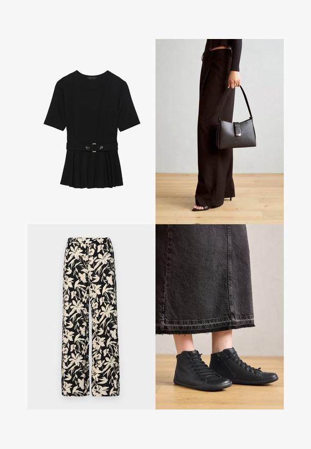 Haut noir à manches courtes fabriqué en matériau lisse, avec un design peplum et une taille ceinturée ornée de deux boutons ronds en métal argenté.; Pantalon large noir avec un motif floral crème. Fabriqué en tissu léger, il présente une texture lisse et une taille haute.; Chaussures montantes en cuir noir avec une texture lisse, dotées de lacets et d'une fermeture éclair sur le côté. Portées avec une longue jupe en denim noire.; Sac à main noir à la forme structurée, texture lisse et fermoir métallique. Associé à un pantalon noir ample et des sandales ouvertes sur un sol en bois.